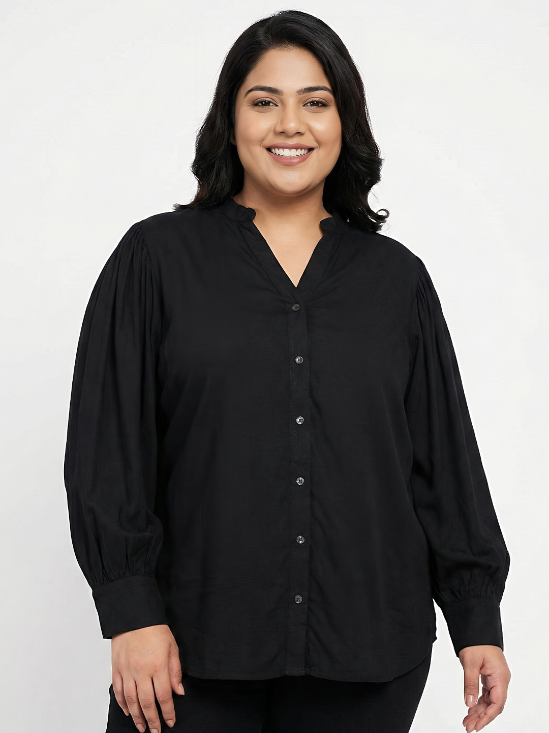 ANGOORI FASHION Mandarin Collar Puffed Sleeves Classic Shirt