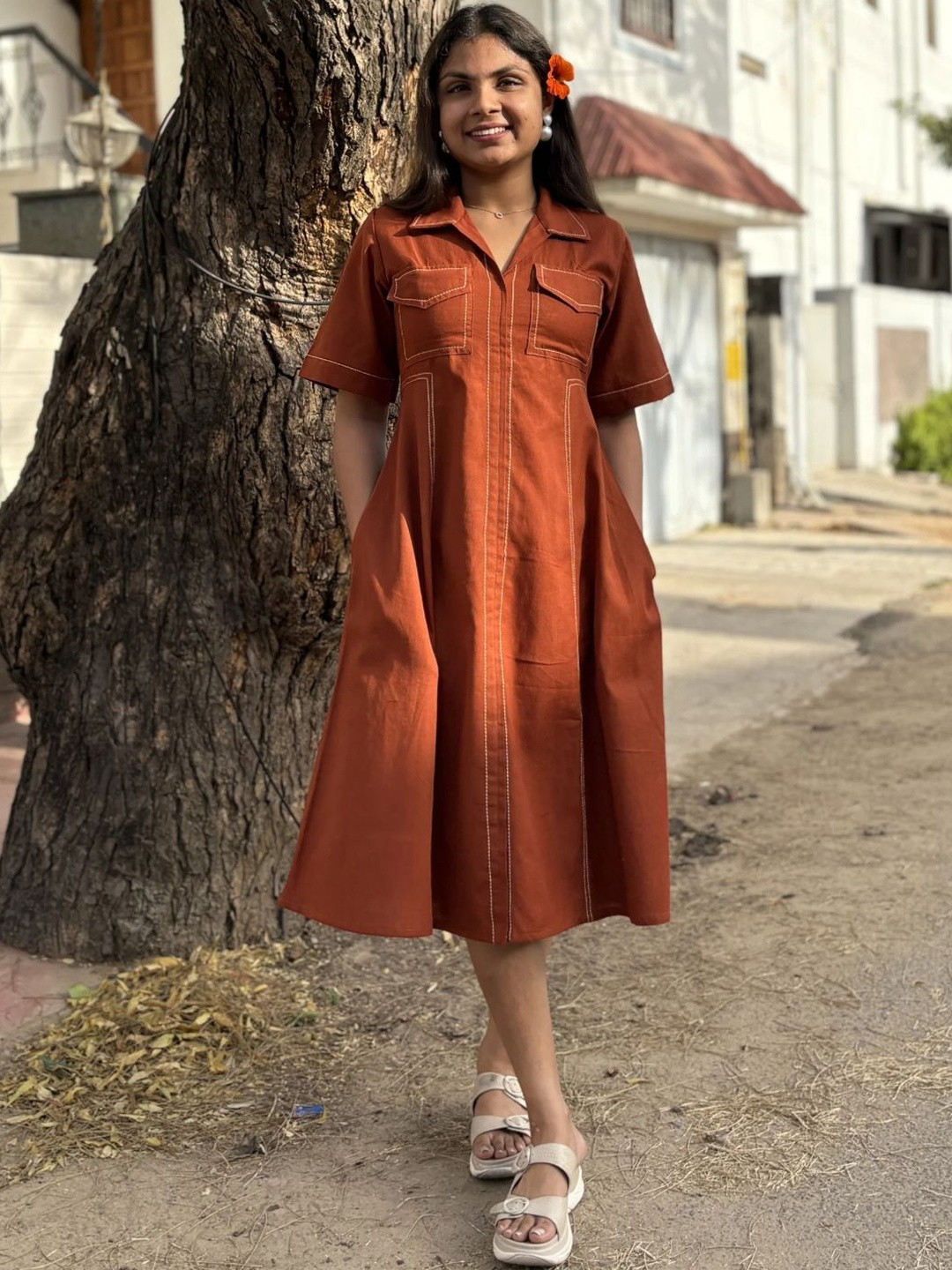 Niyatee Embroidered Rust Shirt Collar A-Line Midi Dress