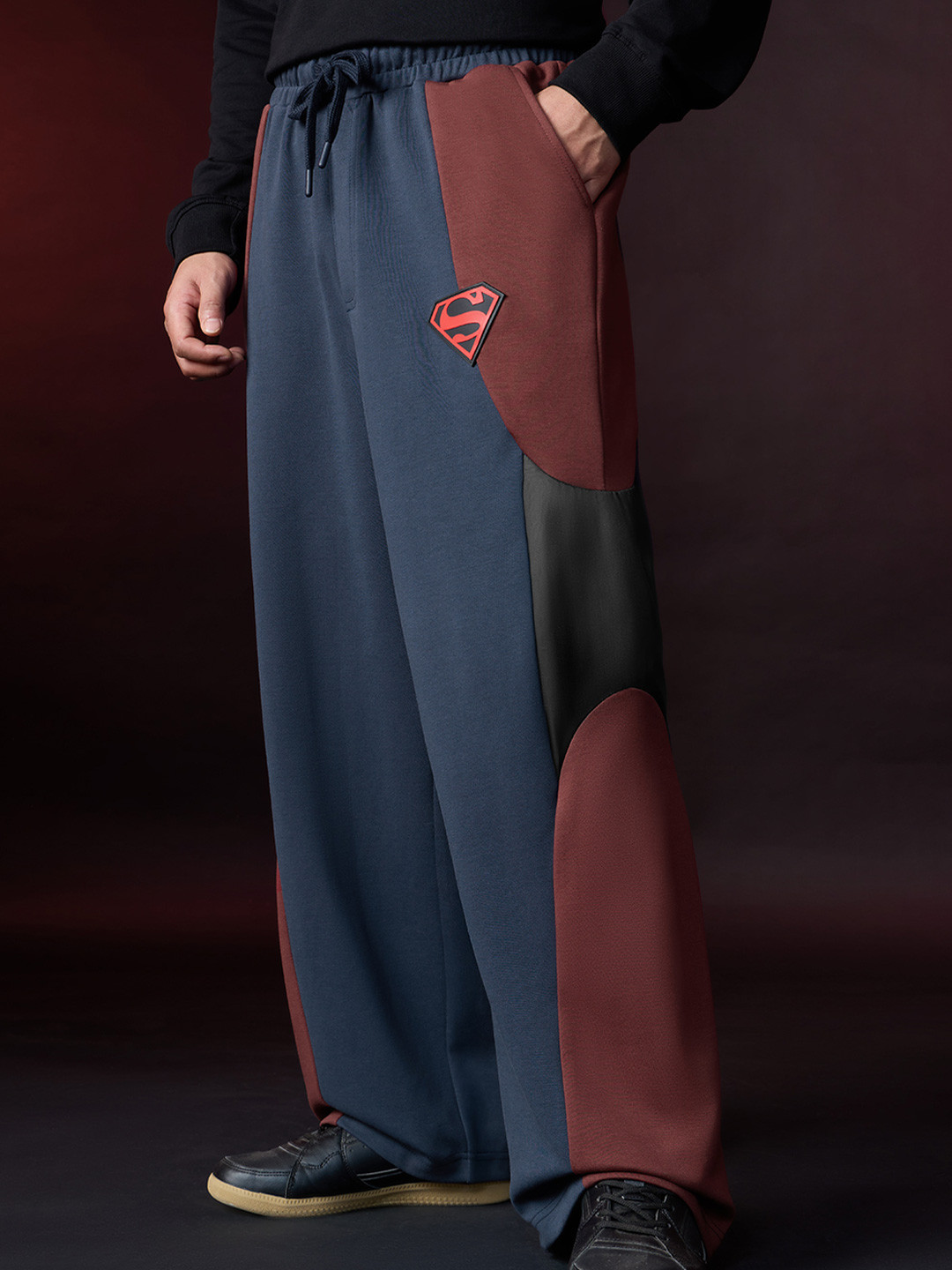 The Souled Store Men Baggy Fit Superman Colourblocked Navy Blue Korean Joggers - Image 1