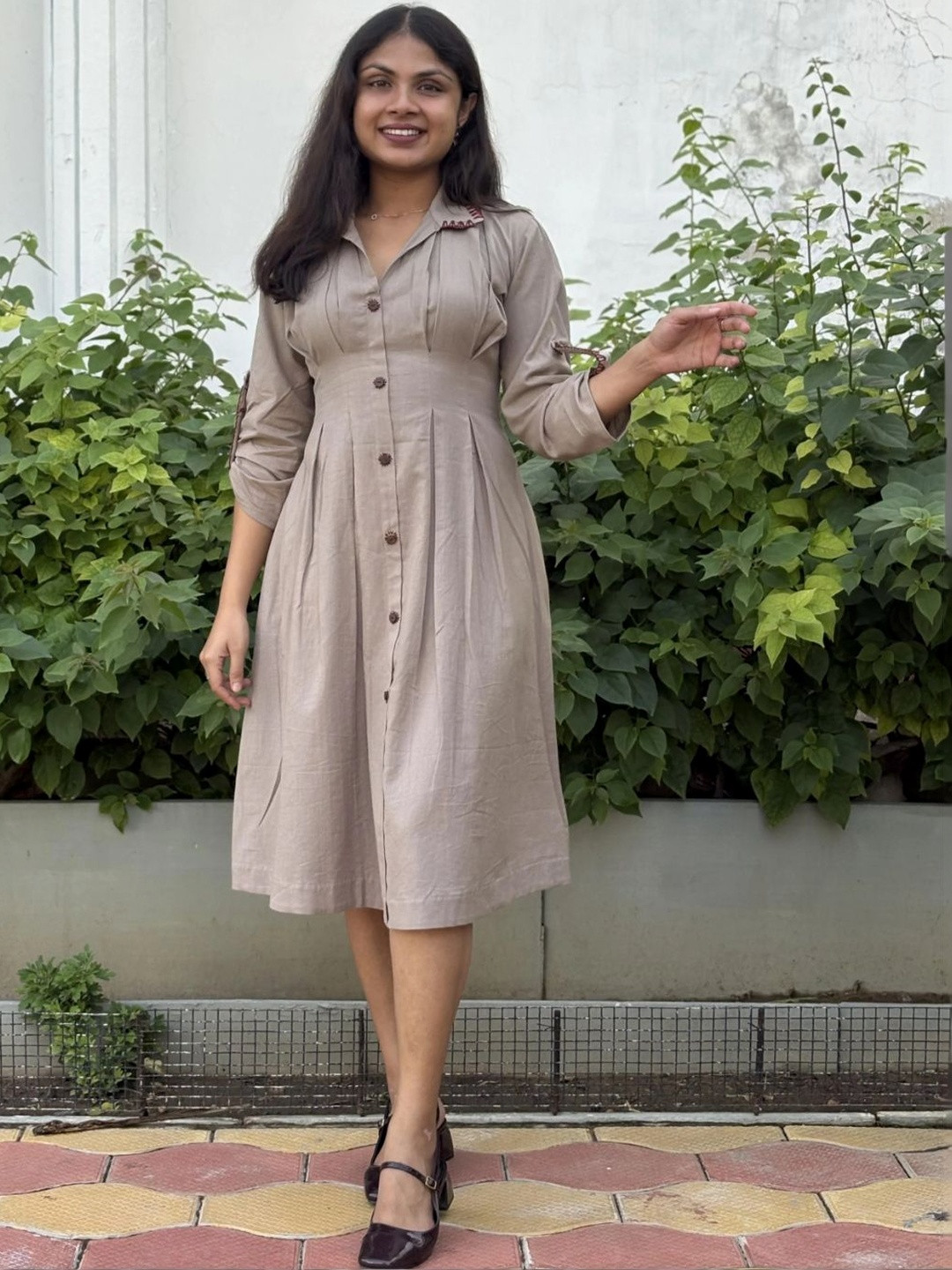 Niyatee 100% Cotton Three-quarter Sleeves Beige Fit & Flare Dress