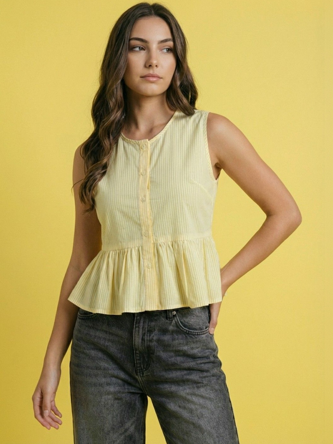 IQOA Striped Cotton Blend Peplum Top