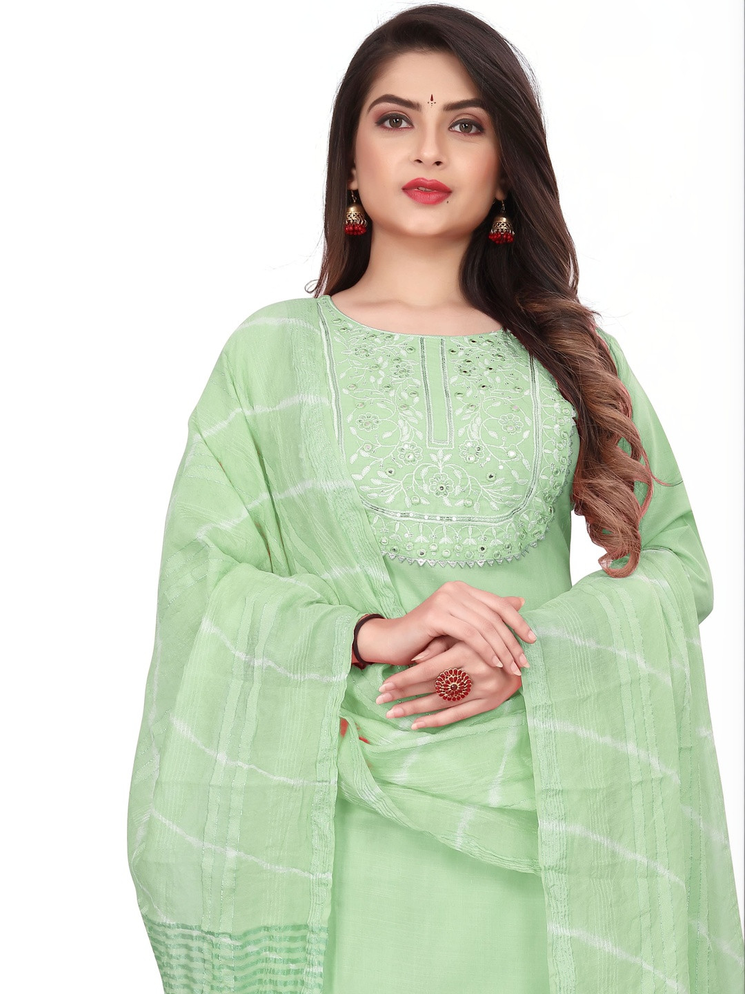 SILK BLISS Women Ethnic Motifs Embroidered Regular Thread Work Pure Cotton Kurta with Trousers & With Dupatta