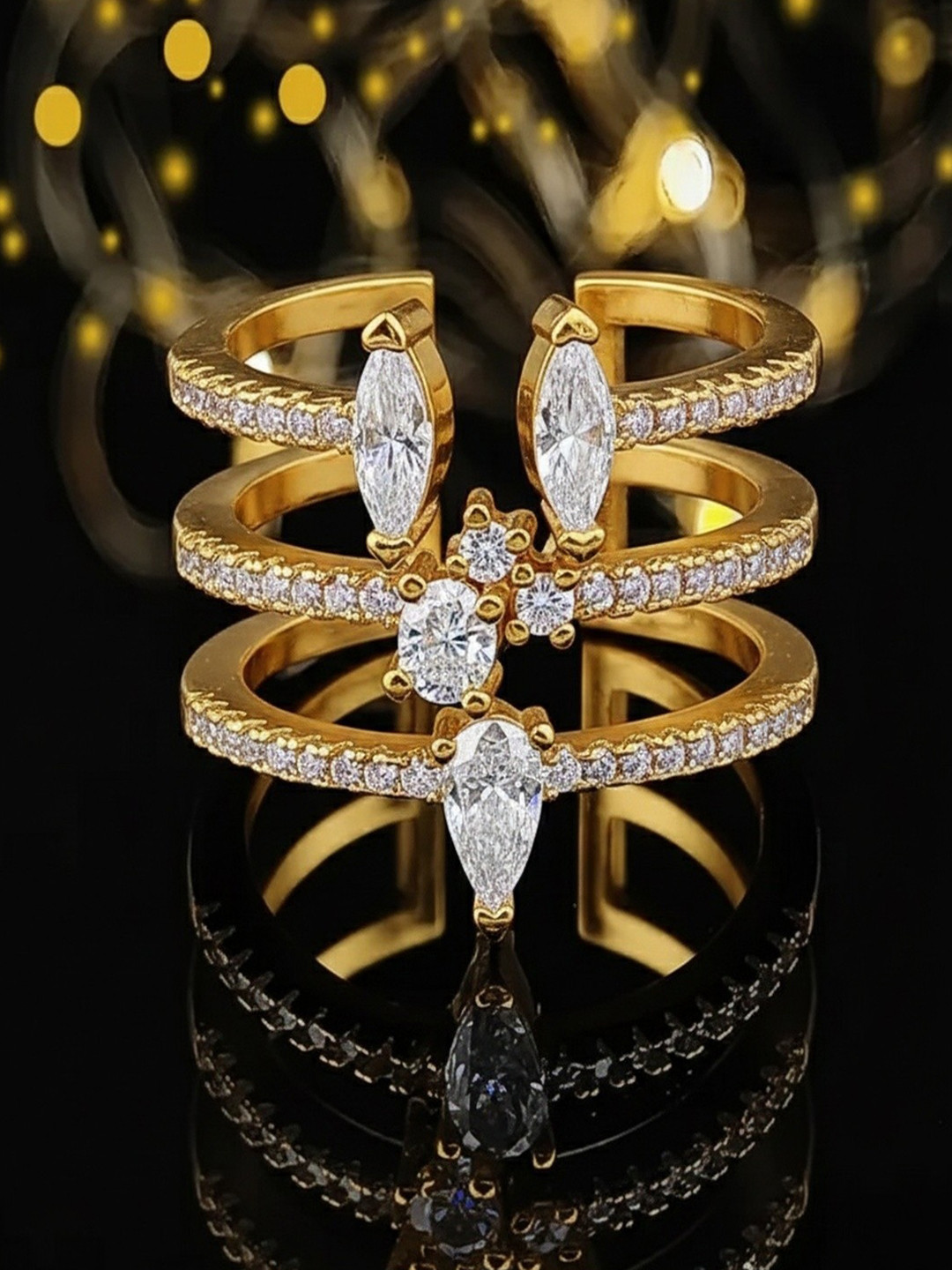 SUGARFRILL Gold-Plated Cubic Zirconia Stone-Studded Finger Ring