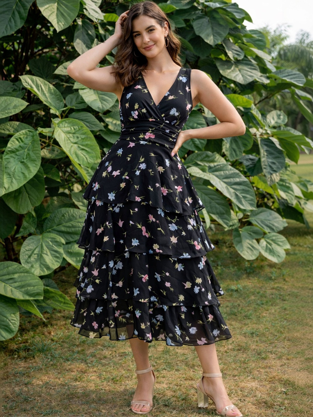 ZYNG Floral Print Layered Georgette Fit & Flare Midi Dress