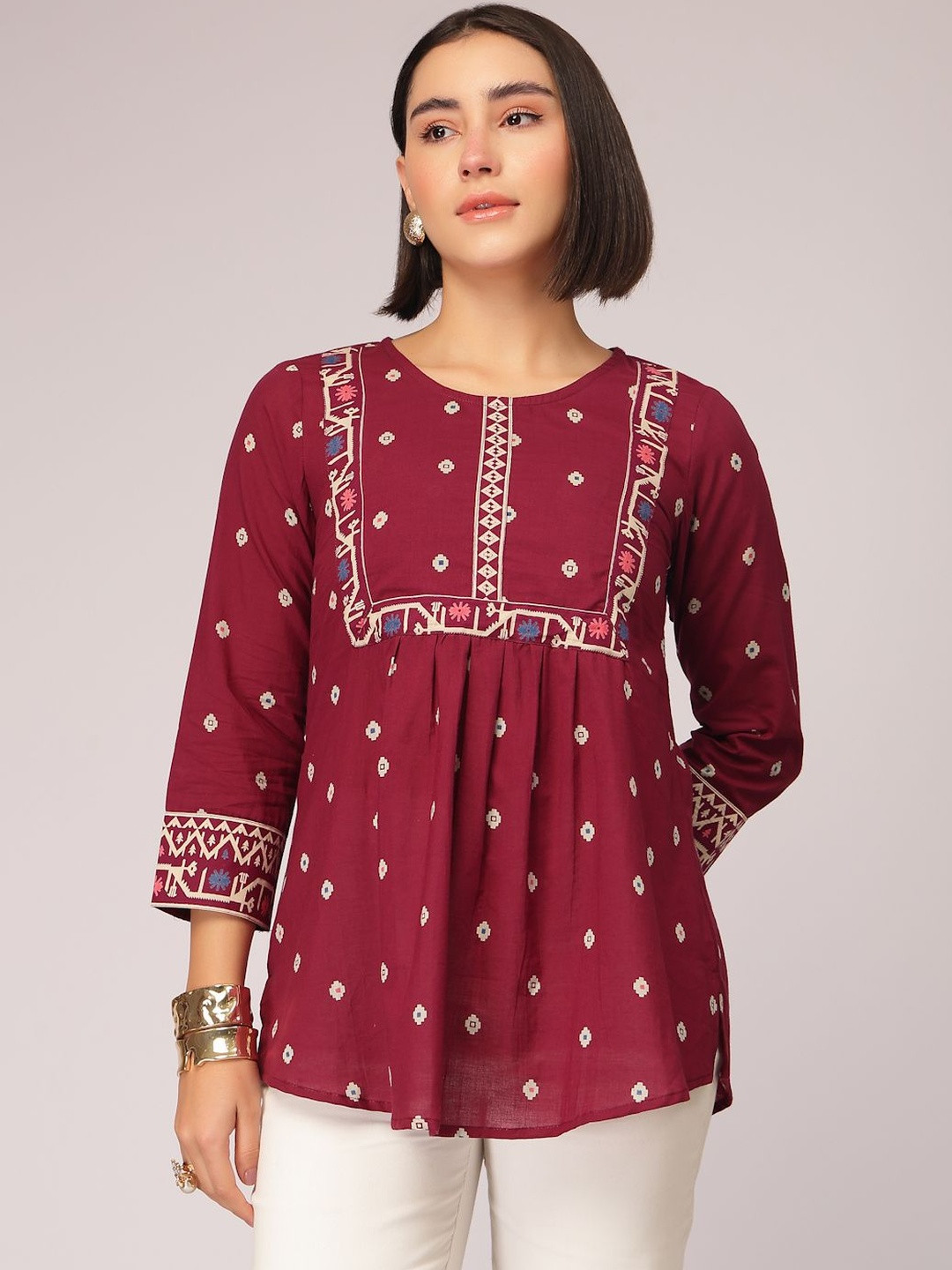 QOMN Print Ethnic Cotton Blend Top