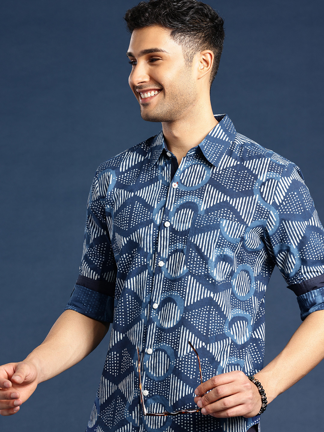 Taavi Men Comfort Indigo Hand Block Printed Pure Cotton Casual Shirt