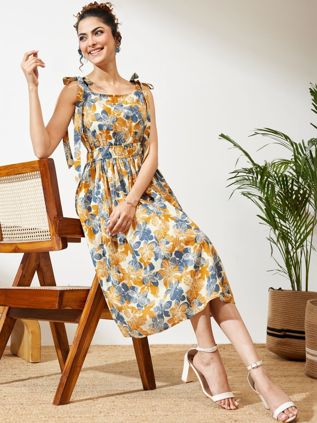 Janasya Cream Pure Cotton Floral Printed Fit & Flare Dress