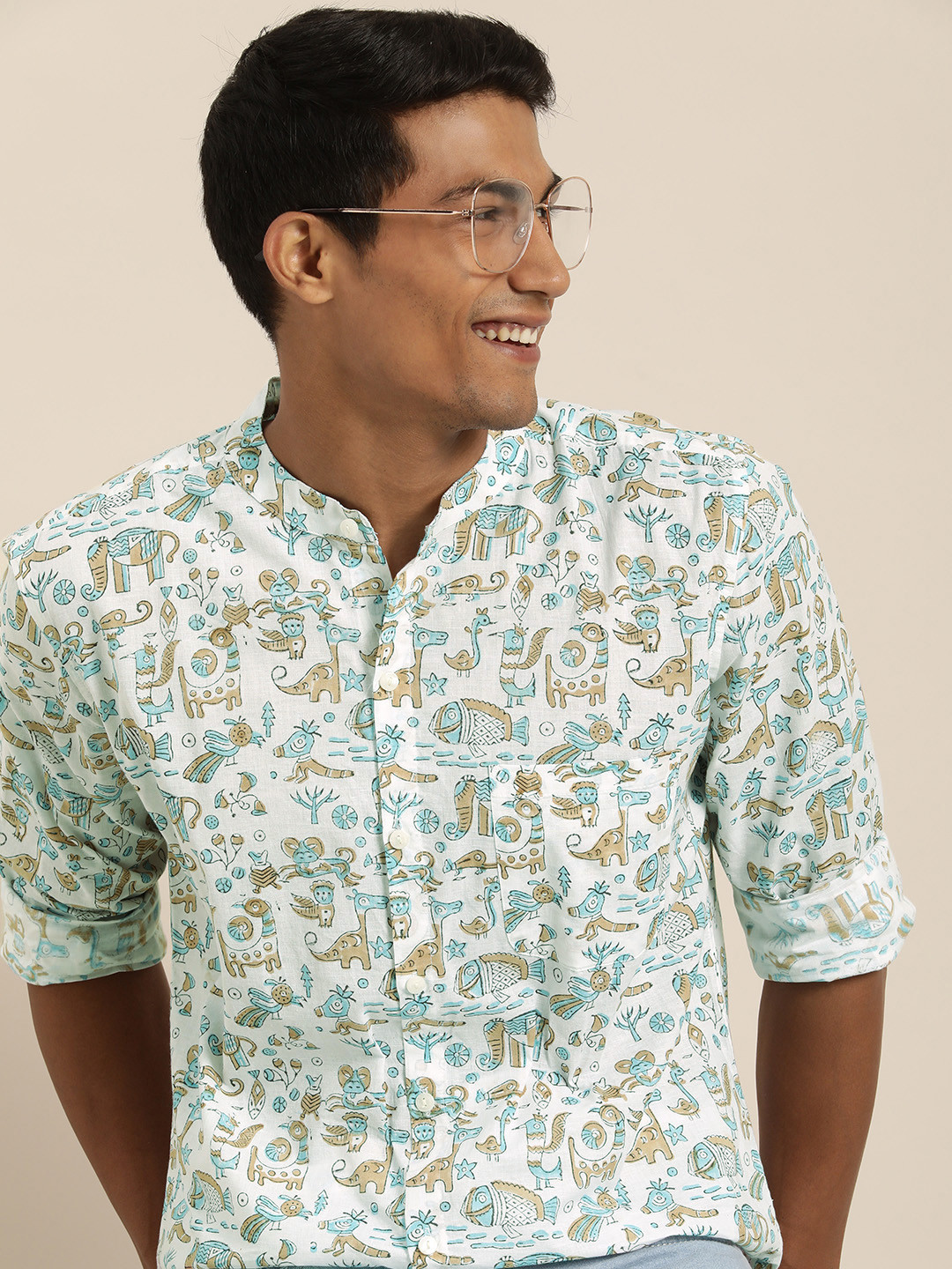 Taavi Men White & Beige Hand Block Printed Cotton Casual Shirt
