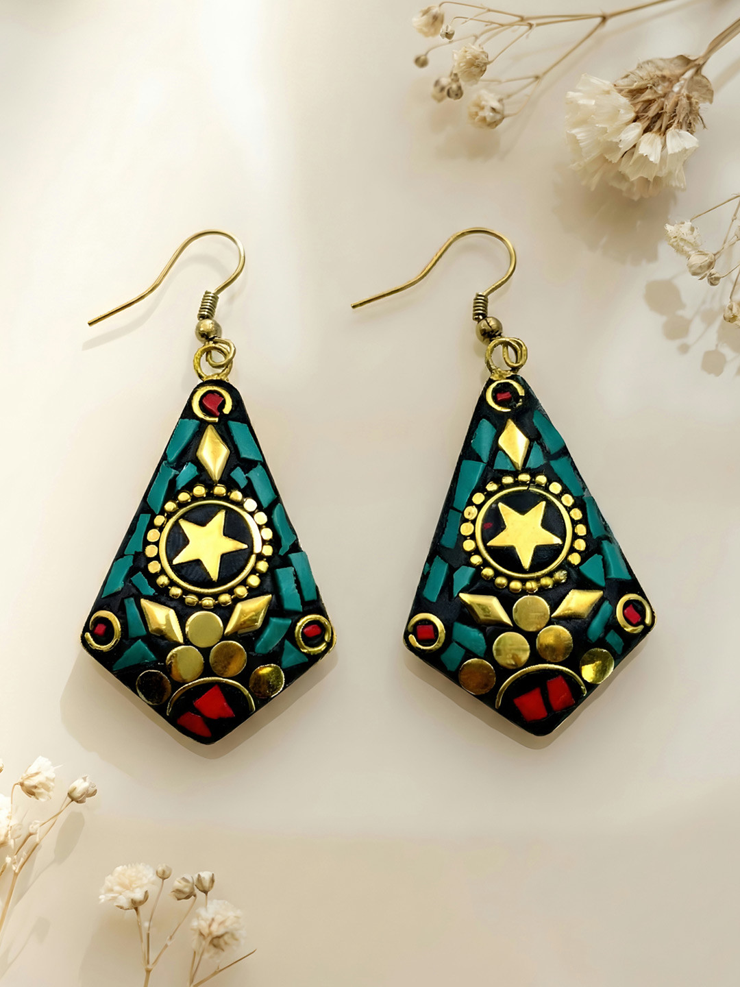 ADIVA Gold Plated Geometric Star Motif Stone Mosaic Statement Casual Wear Drop Earrings