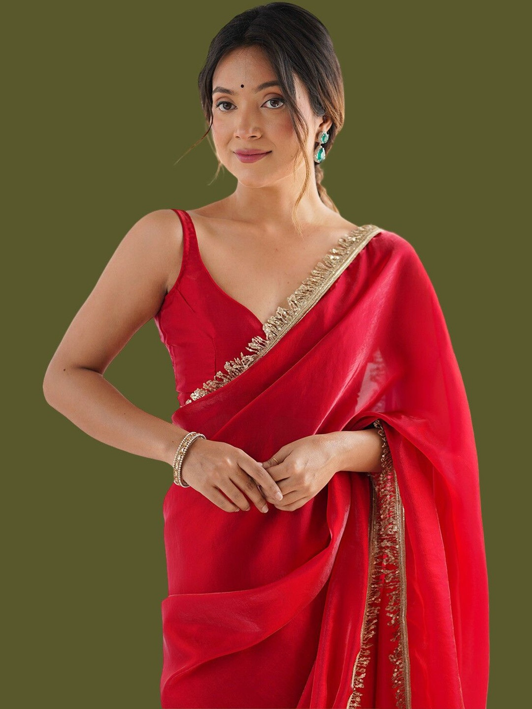 VEMEZ Colourblocked Sequinned Organza Designer Saree