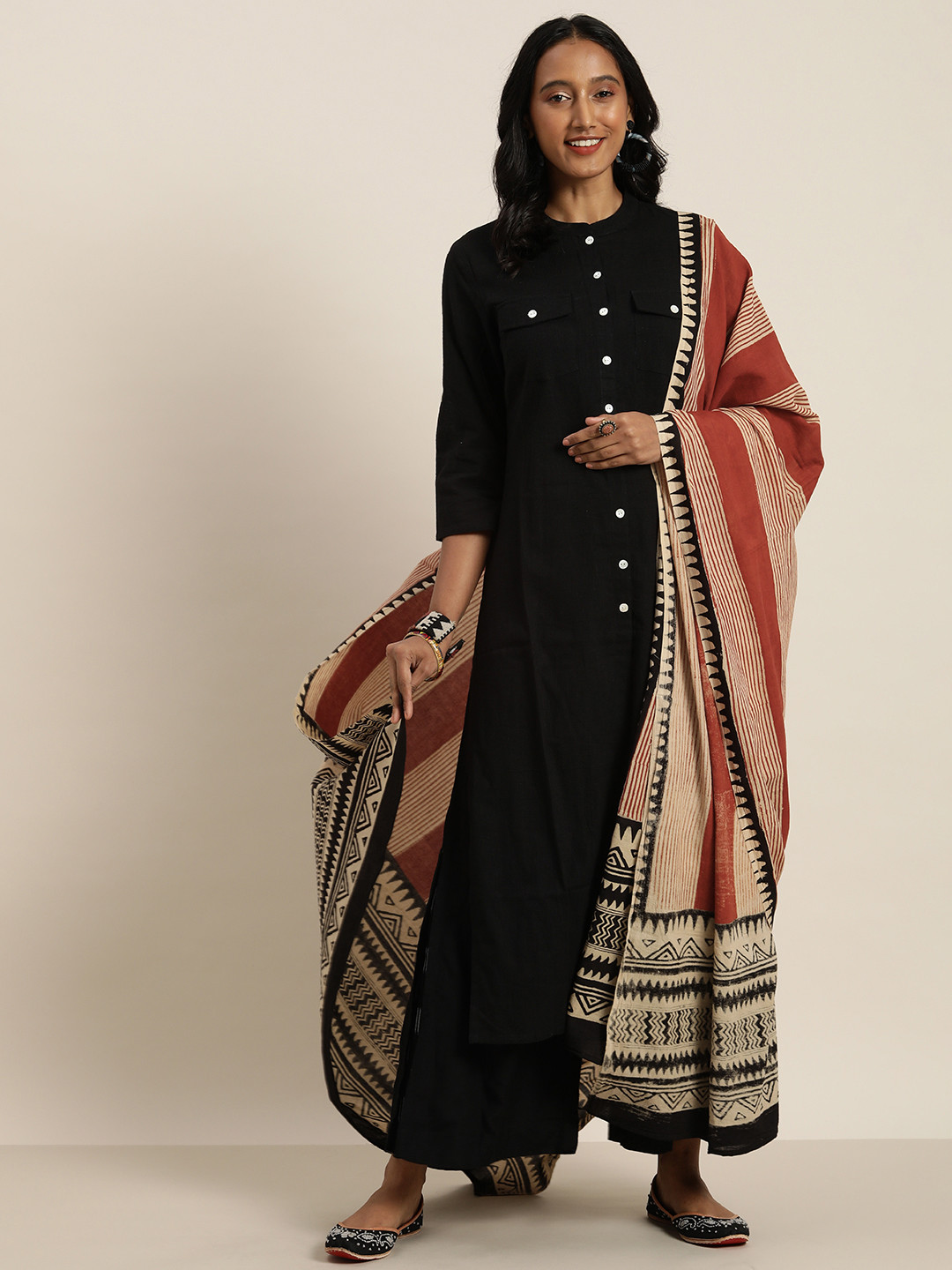 Taavi Rust Red & Black Bagru Printed Pure Cotton Dupatta