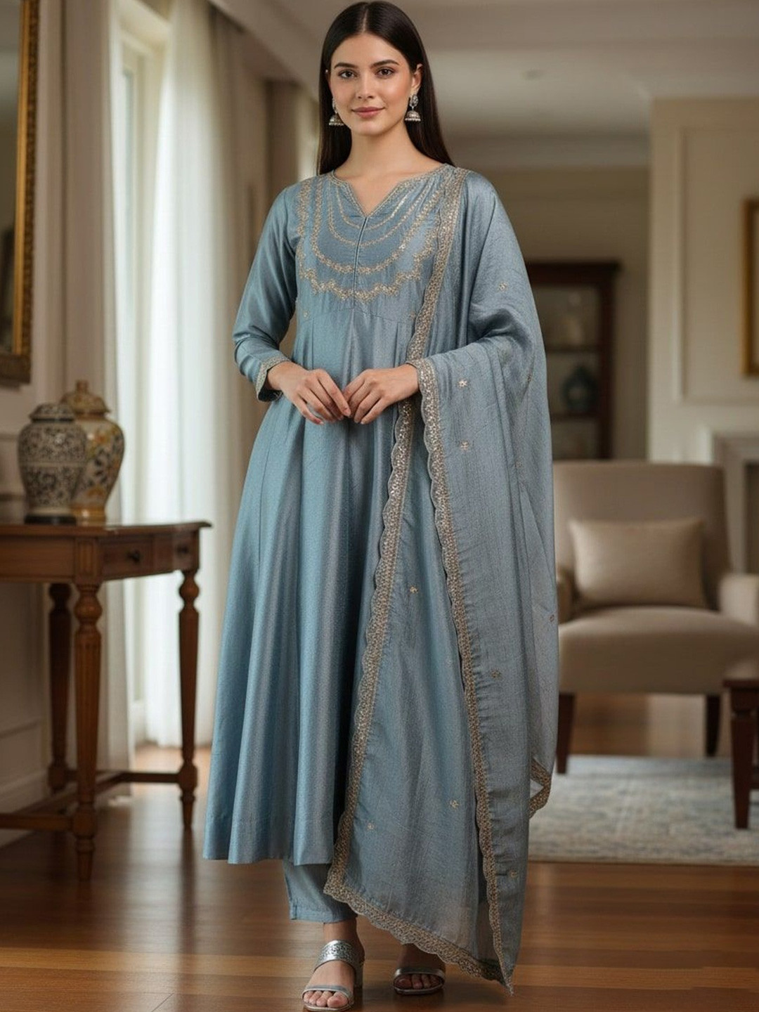 Omicron Fab Ethnic Motifs Panelled Thread Work Kurta with Trousers & With Dupatta