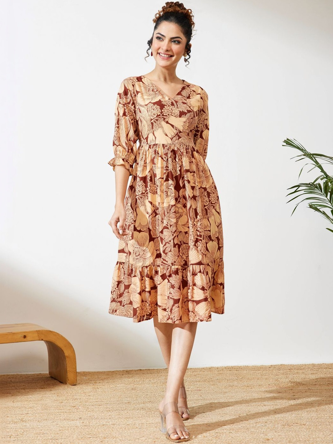 Janasya Maroon Pure Cotton Floral Printed Flared Dress