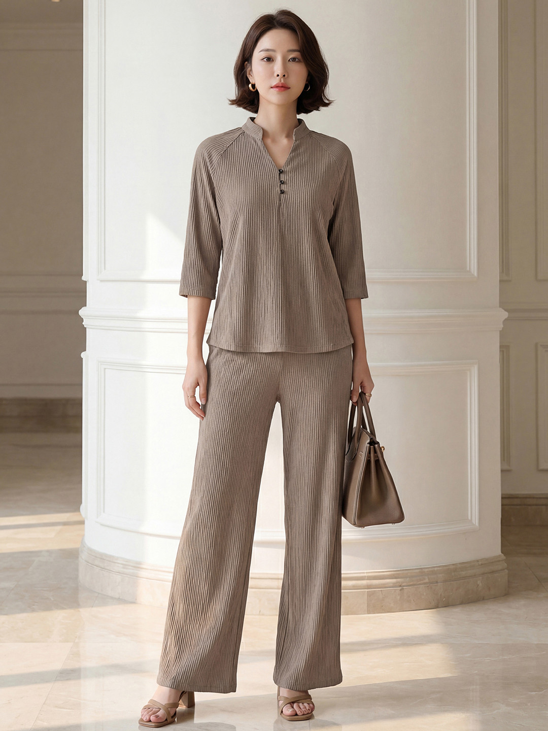 Selvia Brown Mandarin Collar Tunic & Trousers Co-Ords
