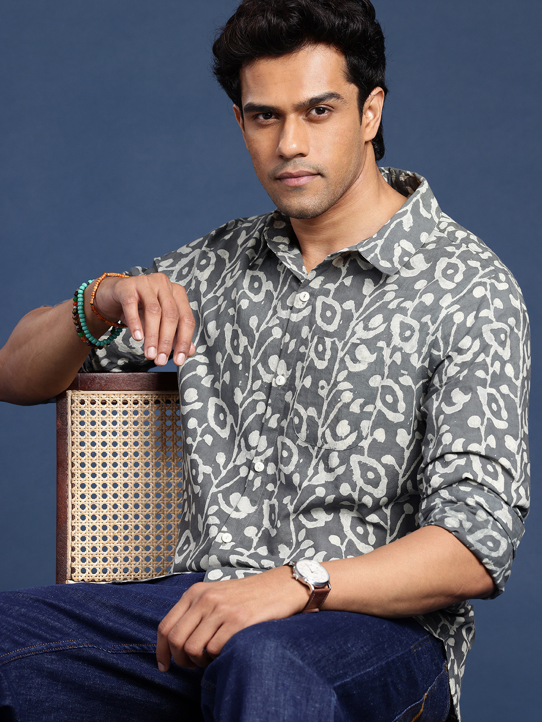 Taavi Men Comfort Dabu Hand Block Printed Pure Cotton Casual Shirt
