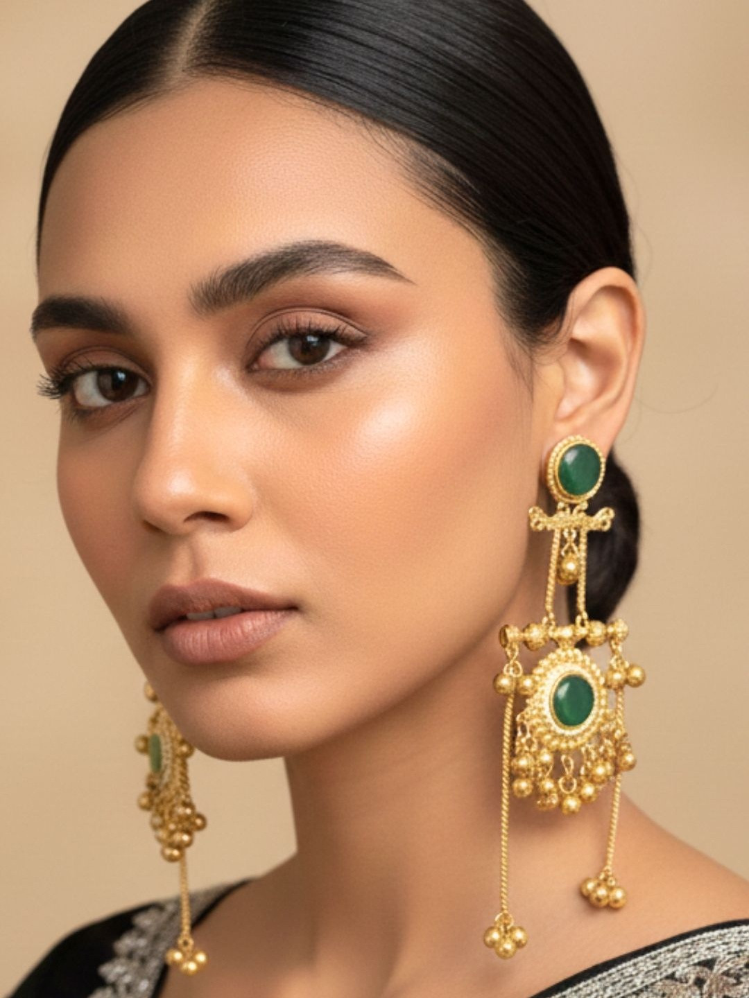 VIVAZS Gold Plated Green Geometric Shaped Kashmiri Ghungaroo Drop Earrings