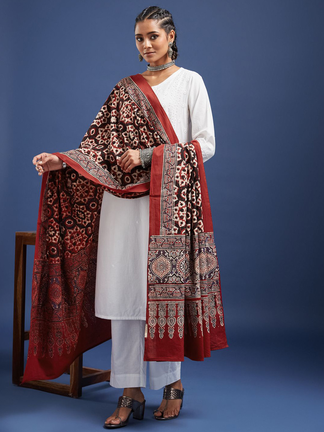 Taavi Ajrakh Ethnic Motifs Hand Block Printed Pure Cotton Dupatta