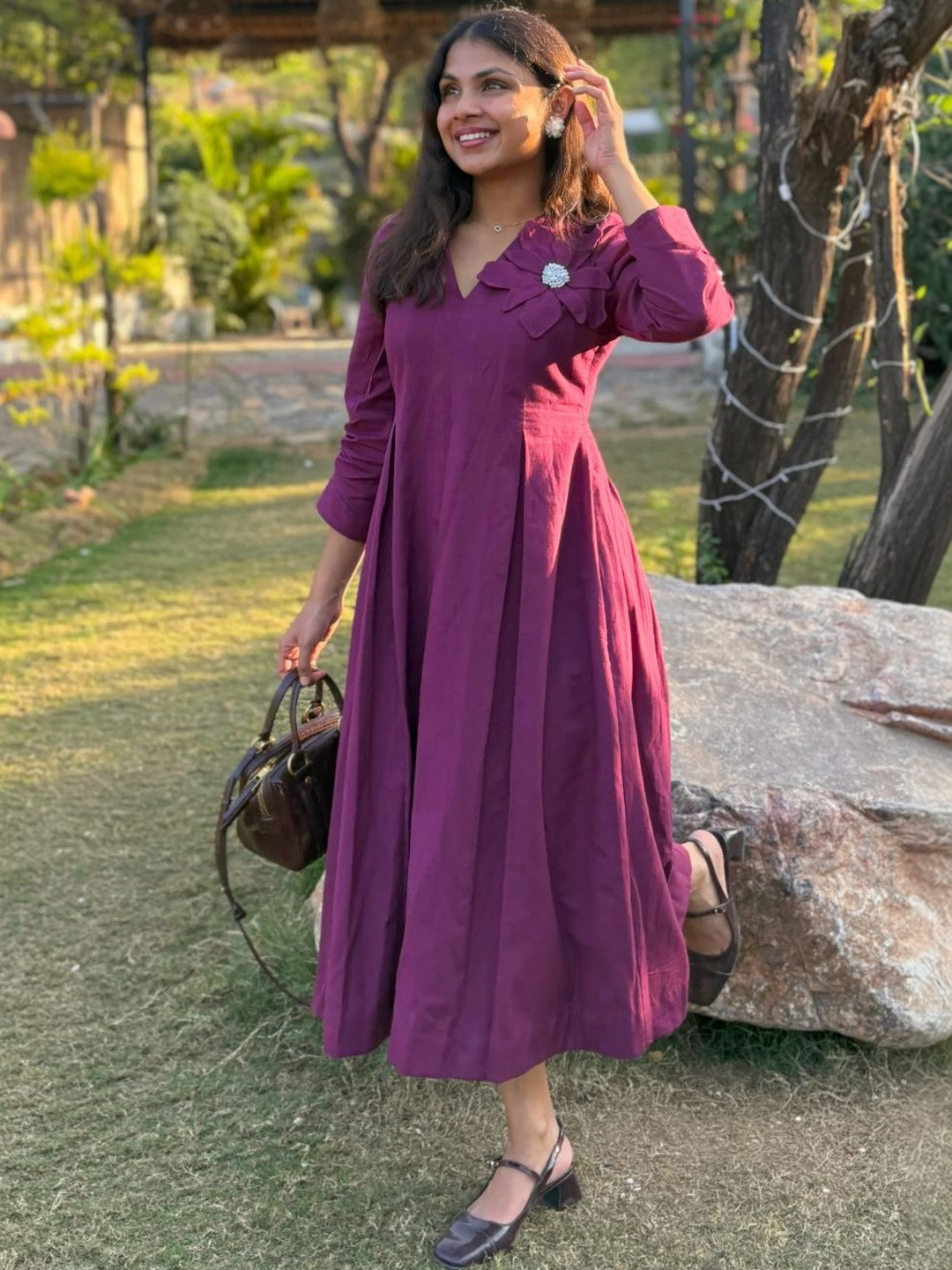 Niyatee Purple Three-quarter Sleeves Fit & Flare Midi Dress