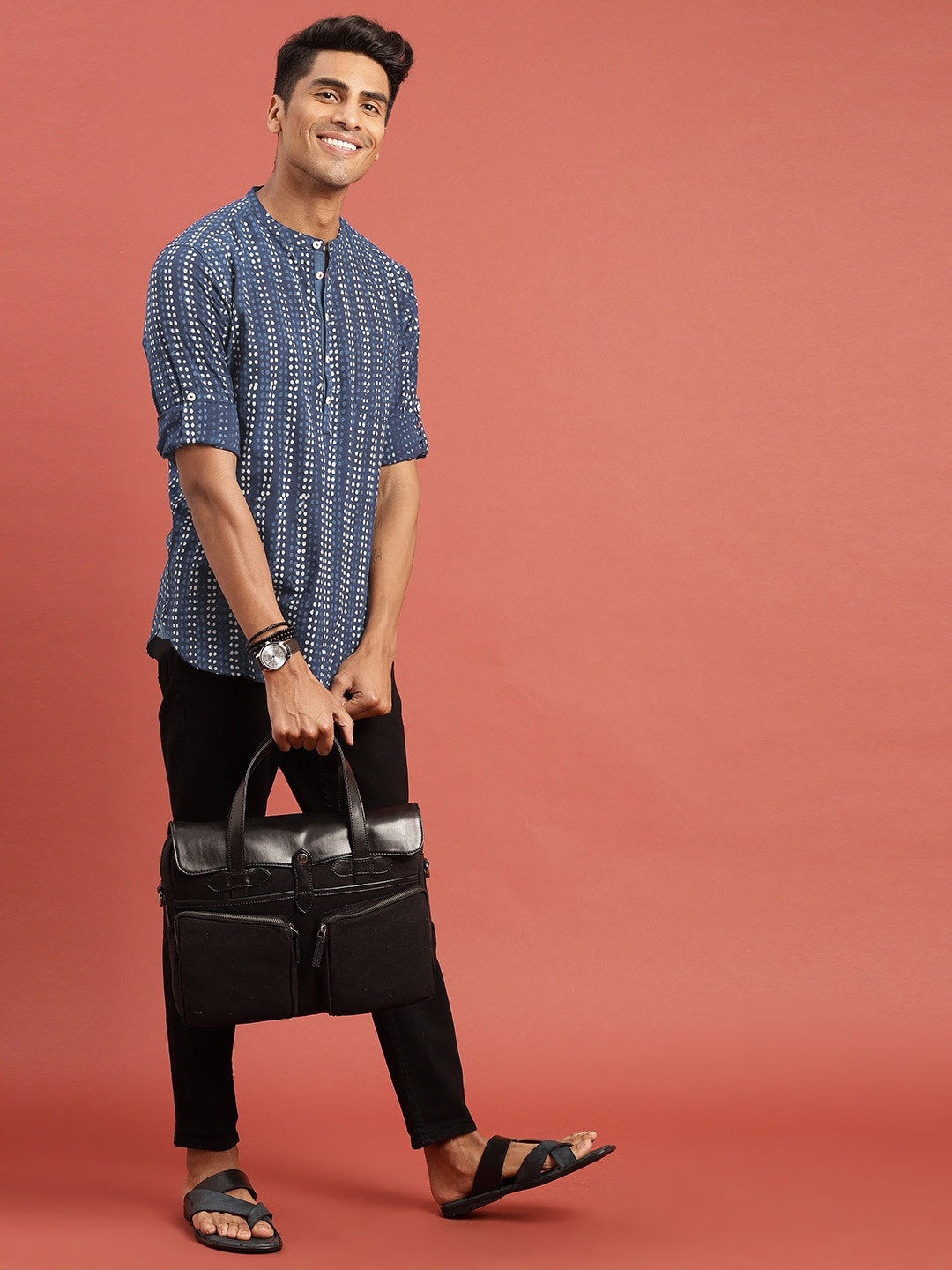 Taavi Men Indigo Hand Block Printed Straight Sustainable Kurta with Roll-Up Sleeves