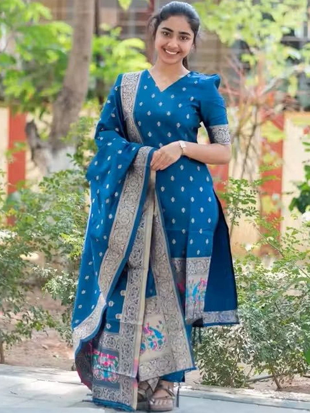 SILK BLISS Women Ethnic Motifs Regular Pure Cotton Kurta with Trousers & With Dupatta