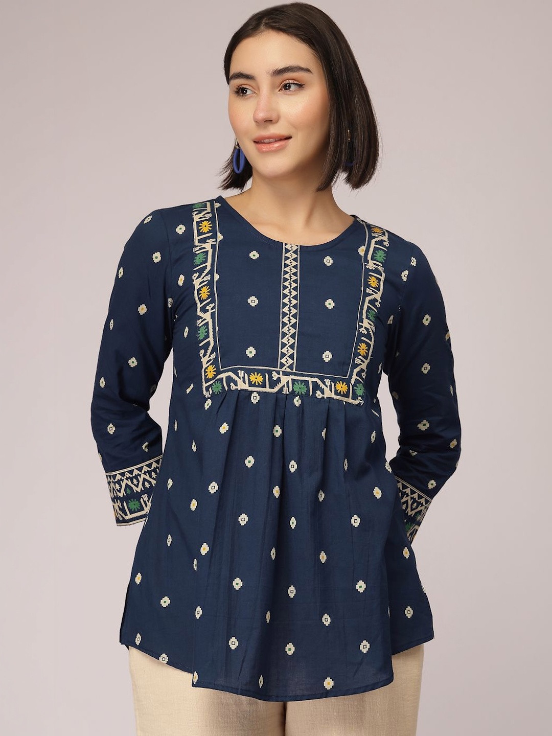 QOMN Print Ethnic Cotton Blend Top