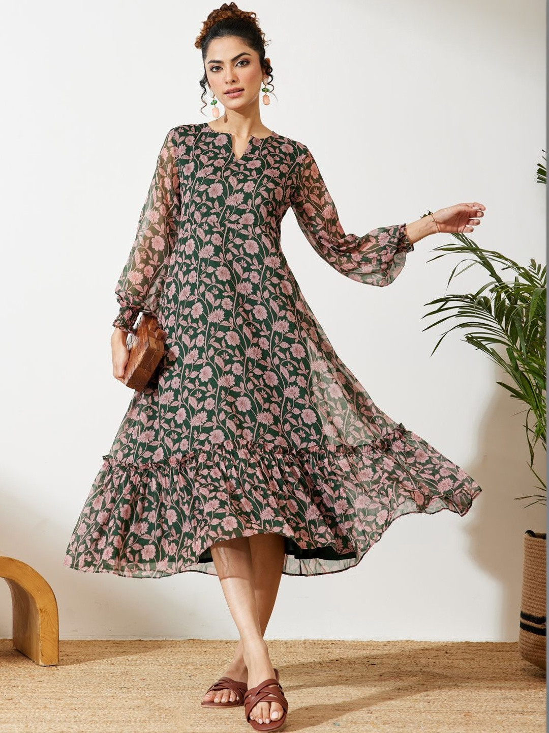 Janasya Green Chiffon Floral Printed A-line Dress