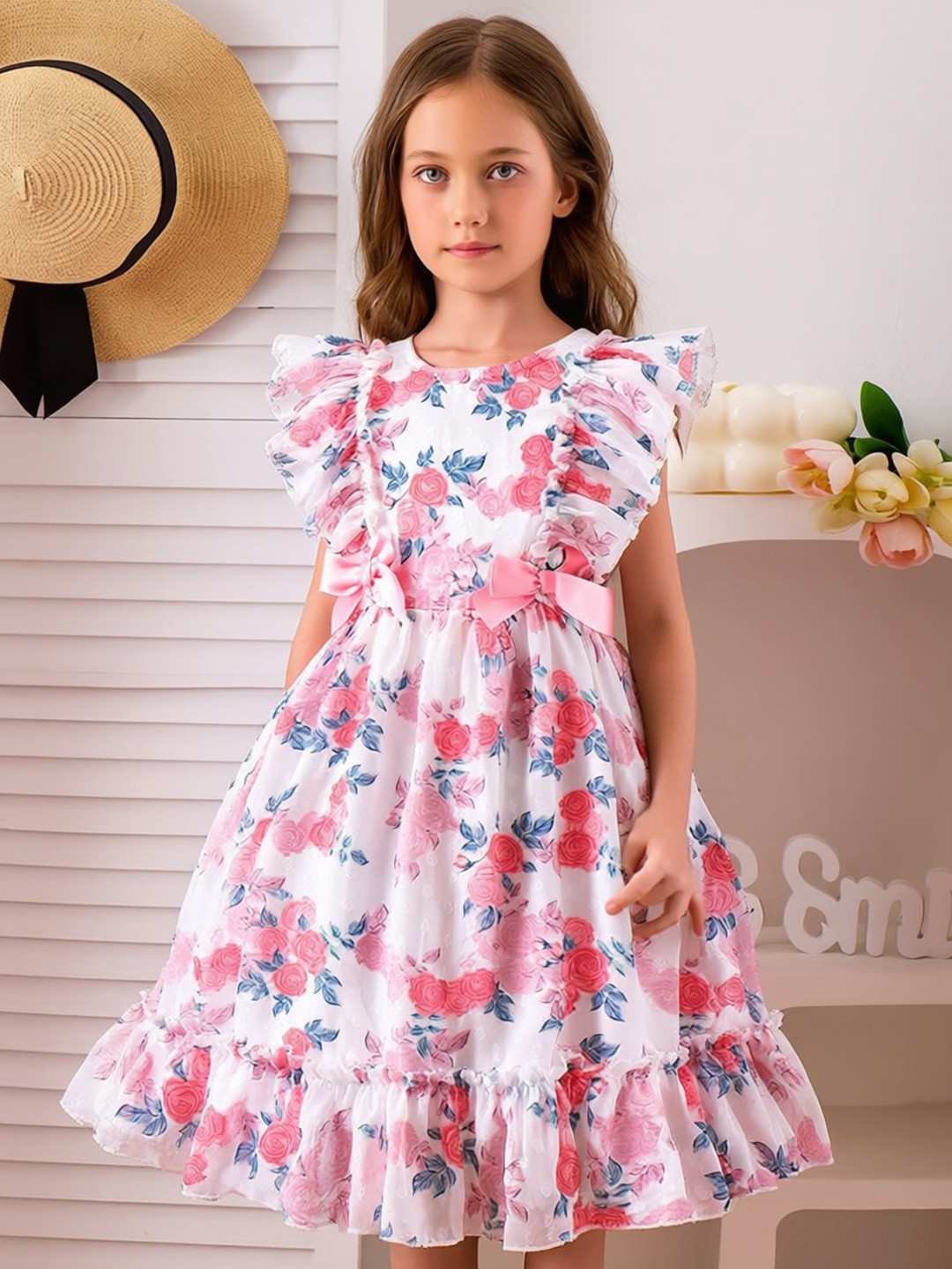 TIOR Floral Print Flutter Sleeve Fit & Flare Dress