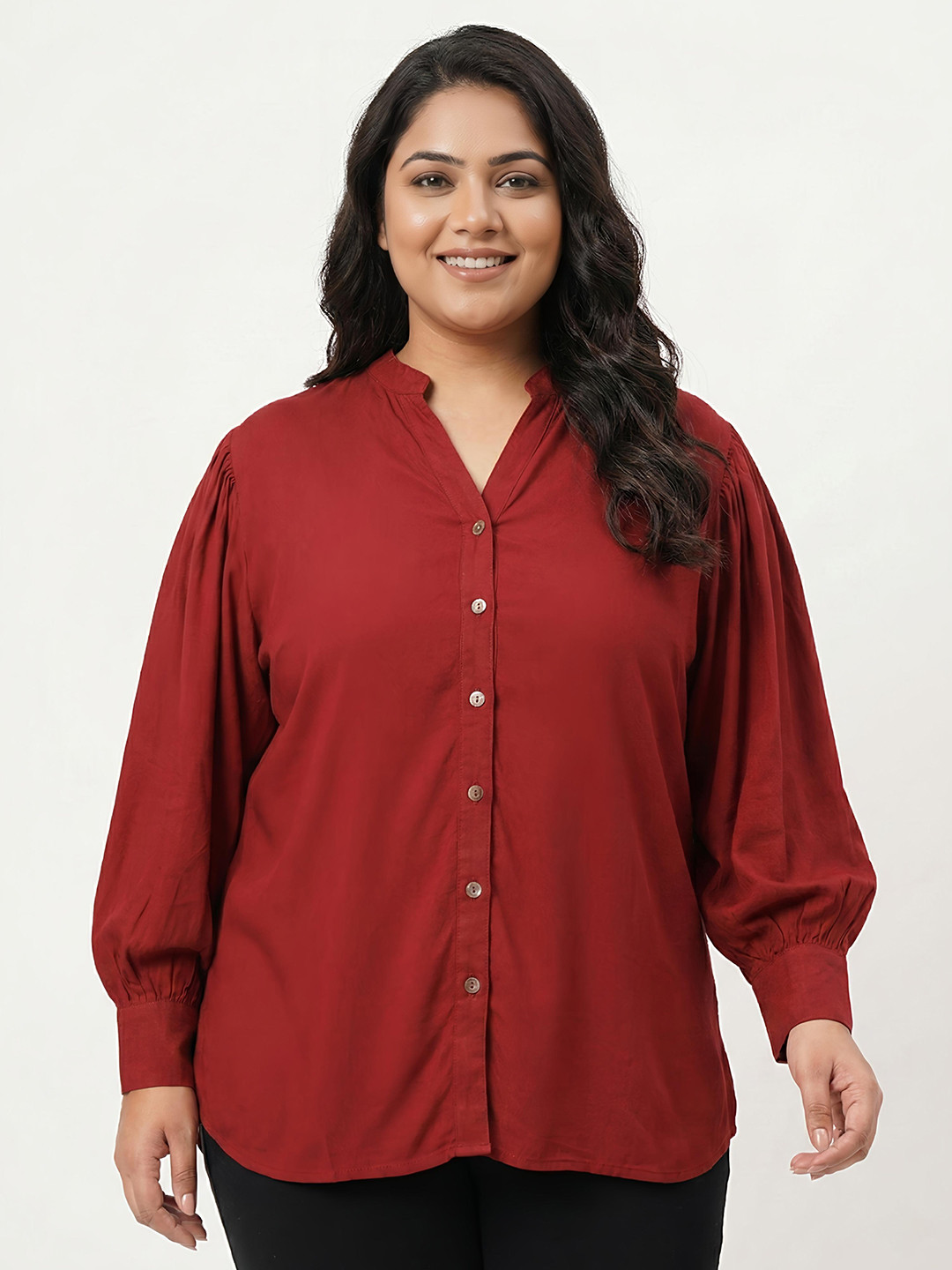 ANGOORI FASHION Mandarin Collar Puff Sleeves Regular Fit Shirt