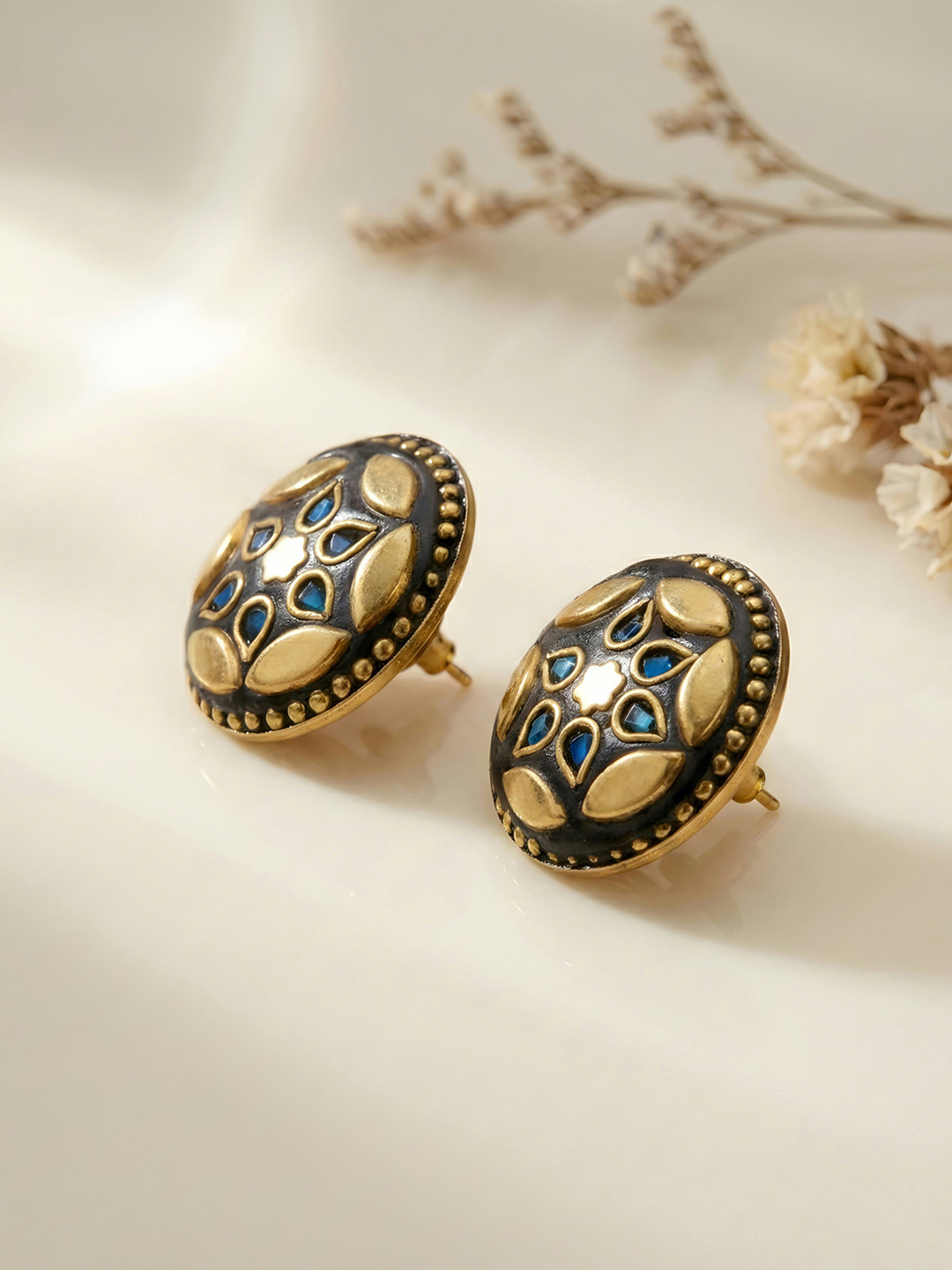 ADIVA Gold Plated Round Shape Blue Stone Studded Statement Casual Wear Stud Earrings