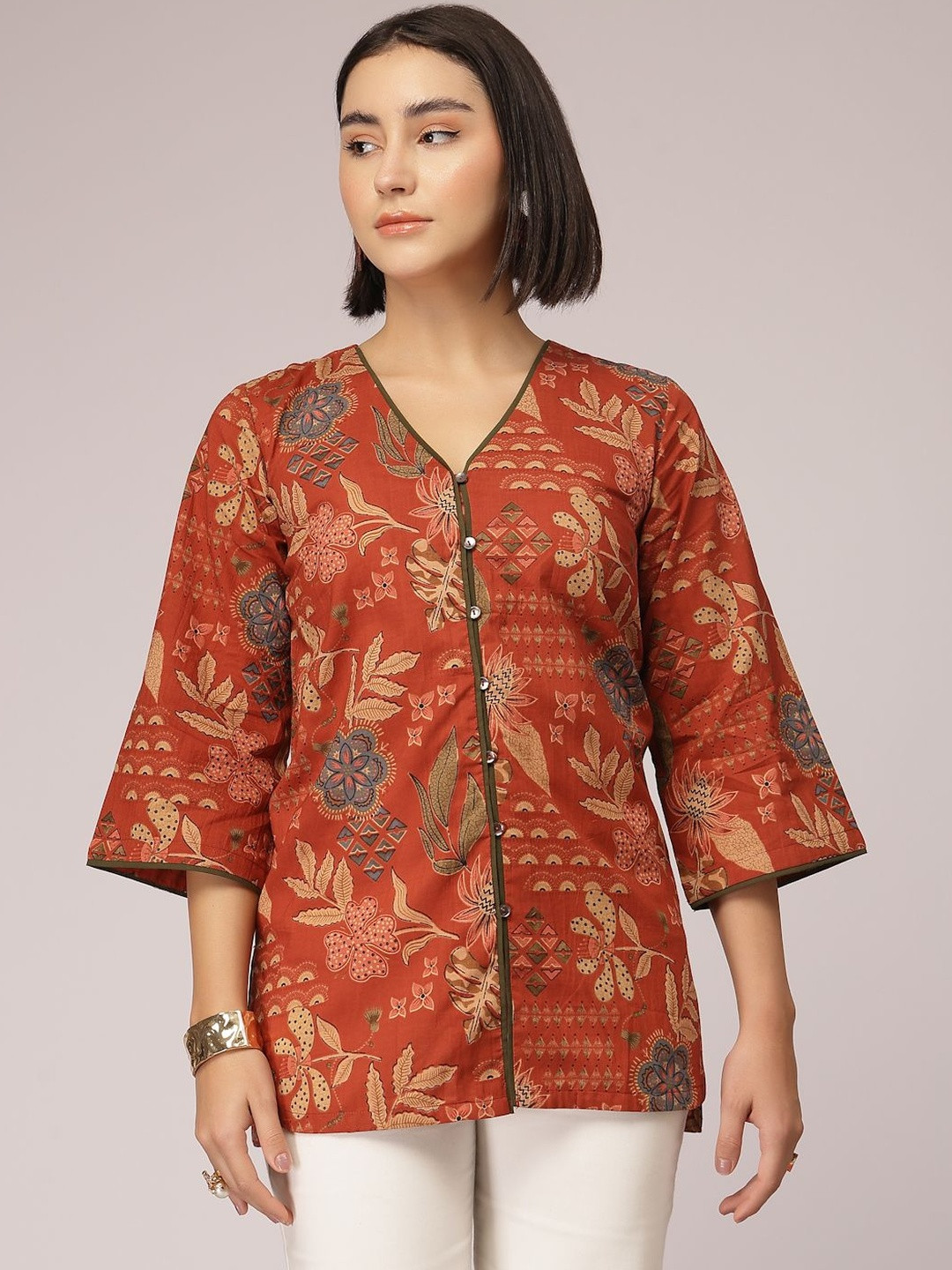 QOMN Floral Print Ethnic Cotton Blend Top