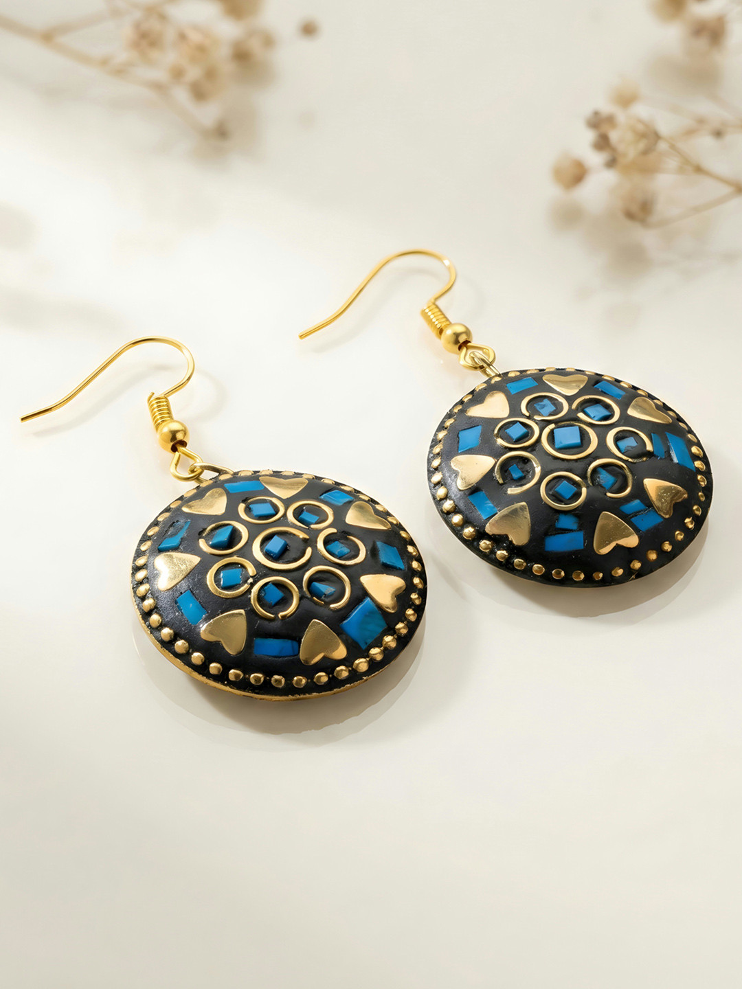 ADIVA Gold Plated Round Shape Blue Stone Studded Statement Casual Wear Dangler Earrings