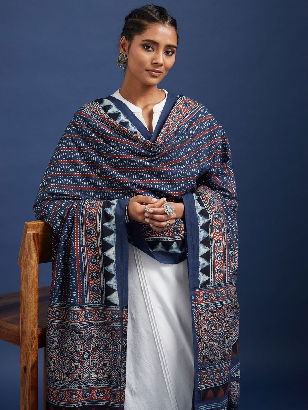 Taavi Ajrakh Ethnic Motifs Hand Block Printed Pure Cotton Dupatta