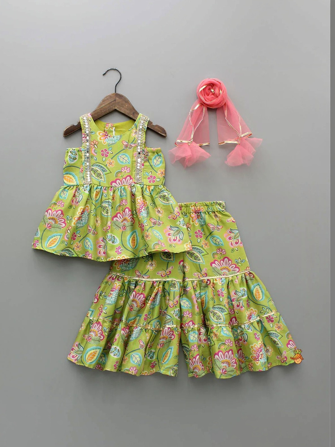 Bholukart Girls Floral Printed Regular Sequinned Raw Silk Kurti with Sharara & With Dupatta