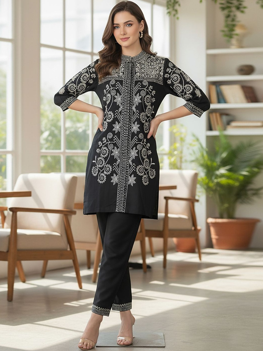 Zolo Label Embroidered Mandarin Collar Top & Trousers Co-Ords
