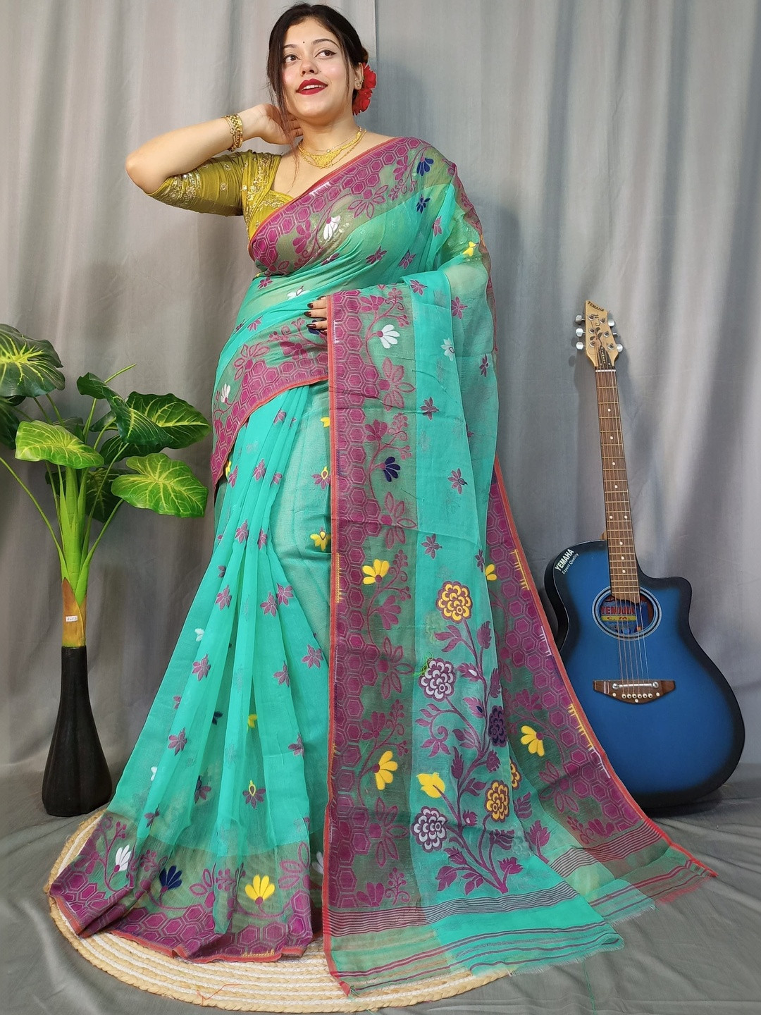 Rnn Saree Floral Embroidered Silk Cotton Jamdani Sarees