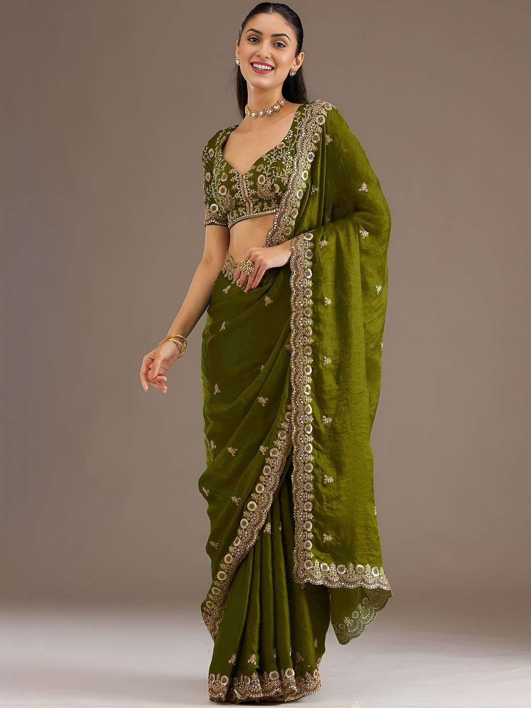 Zeel Clothing Embellished Sequinned Tissue Heavy Work Saree