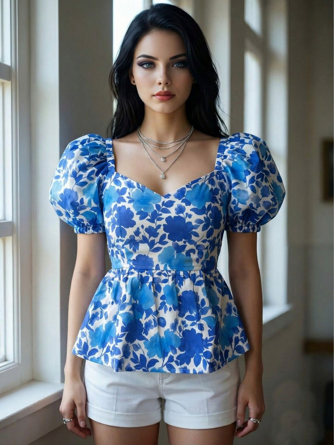 NiloBerry Floral Print Sweetheart Neck Puff Sleeve Peplum Top