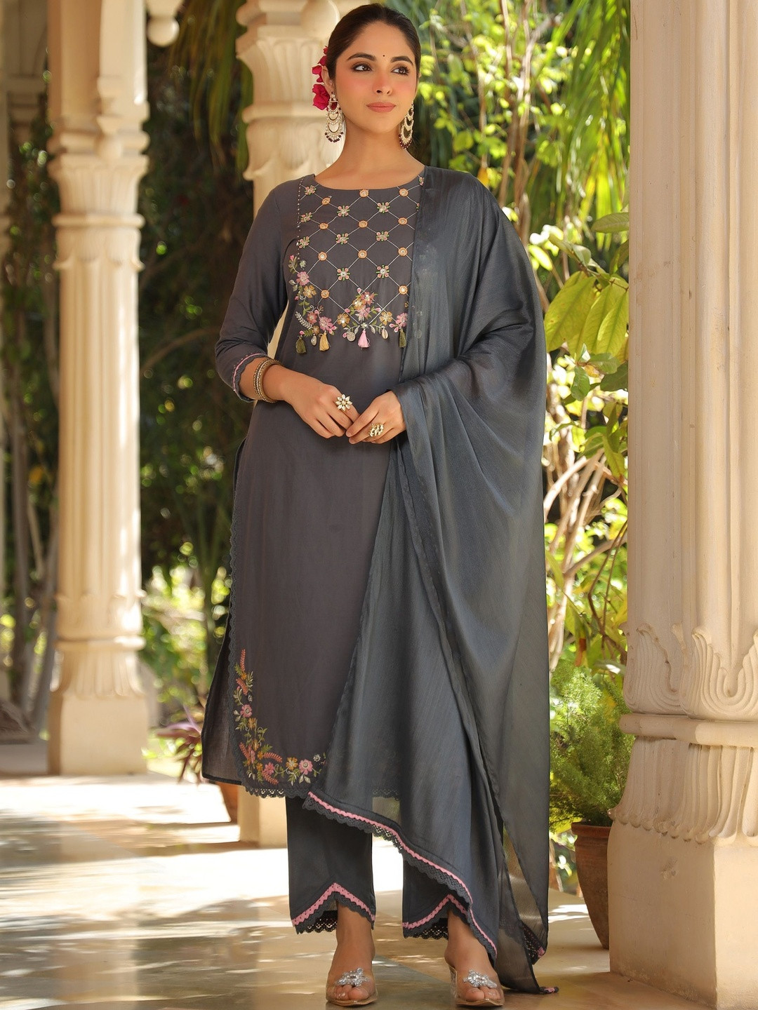 Bairaas Women Floral Embroidered Pure Cotton Kurta with Trousers and Dupatta