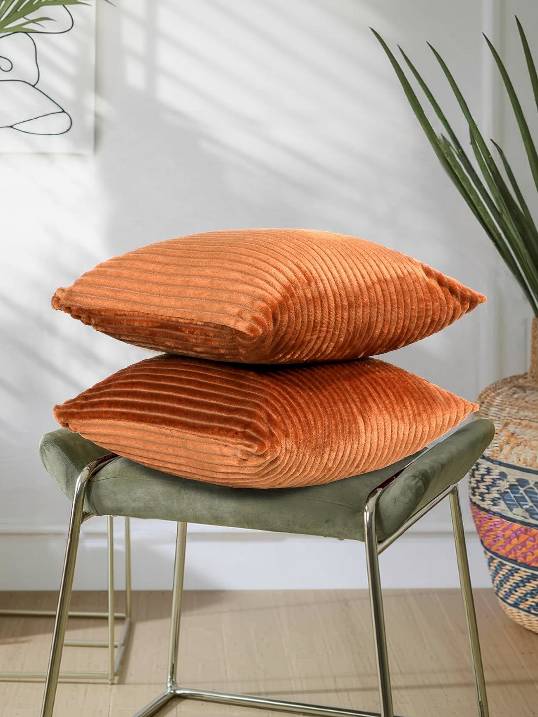 RD TREND Gold-Toned Set of 2 Striped Square Cushion Covers