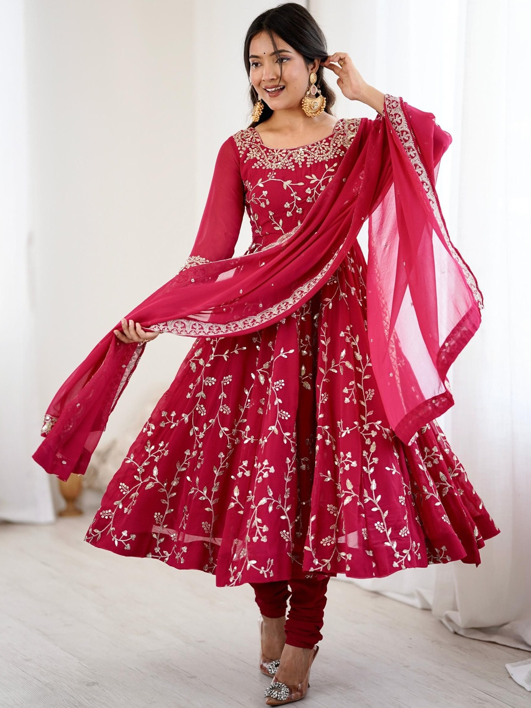 KALINI Women Ethnic Motifs Embroidered Panelled Thread Work Silk Georgette Kurta with Churidar & With Dupatta