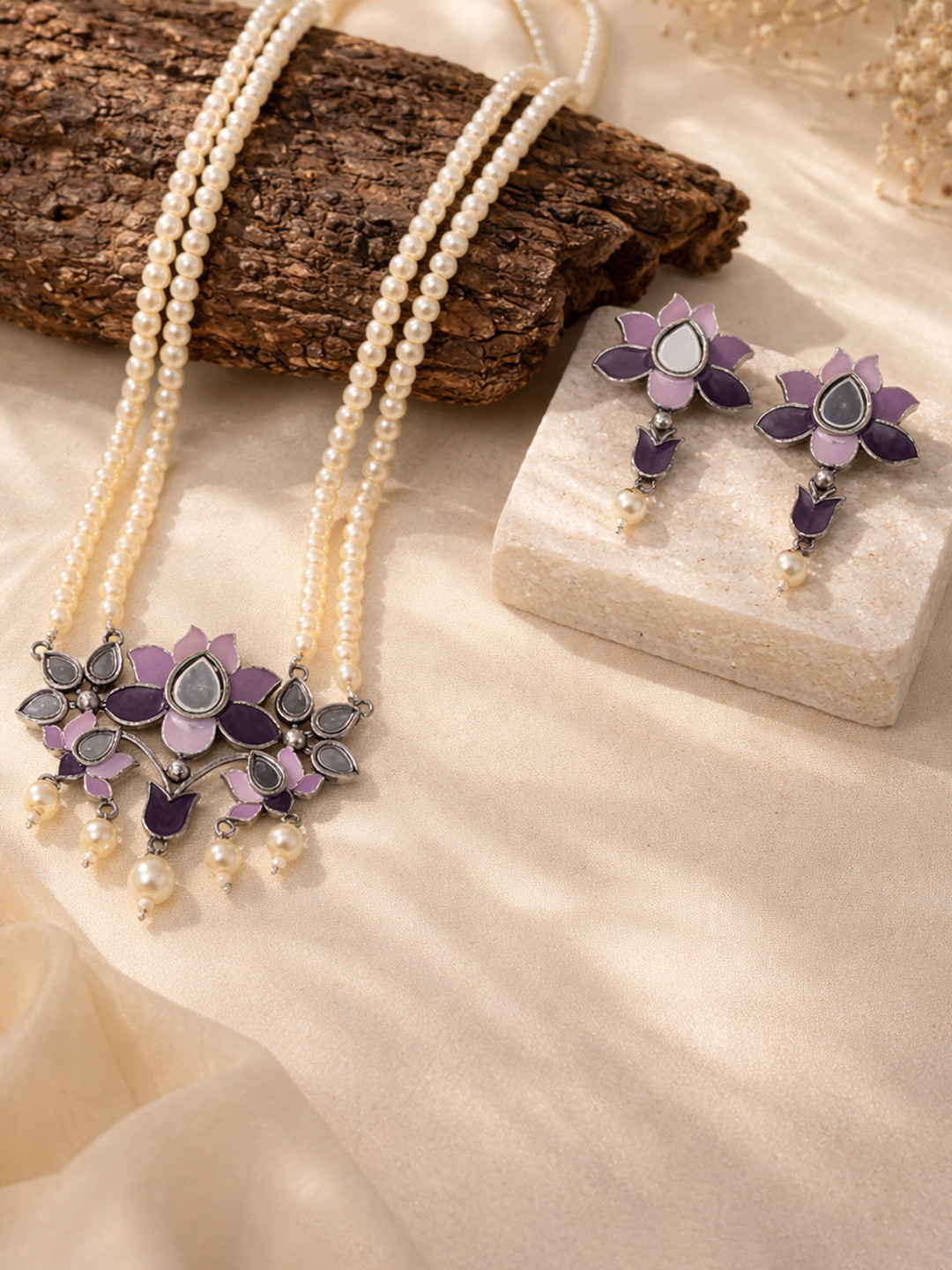 Festive Hues Blue Enamel Mirror Detail Faux Pearls Adorned Silver Oxidised Jewellery Set