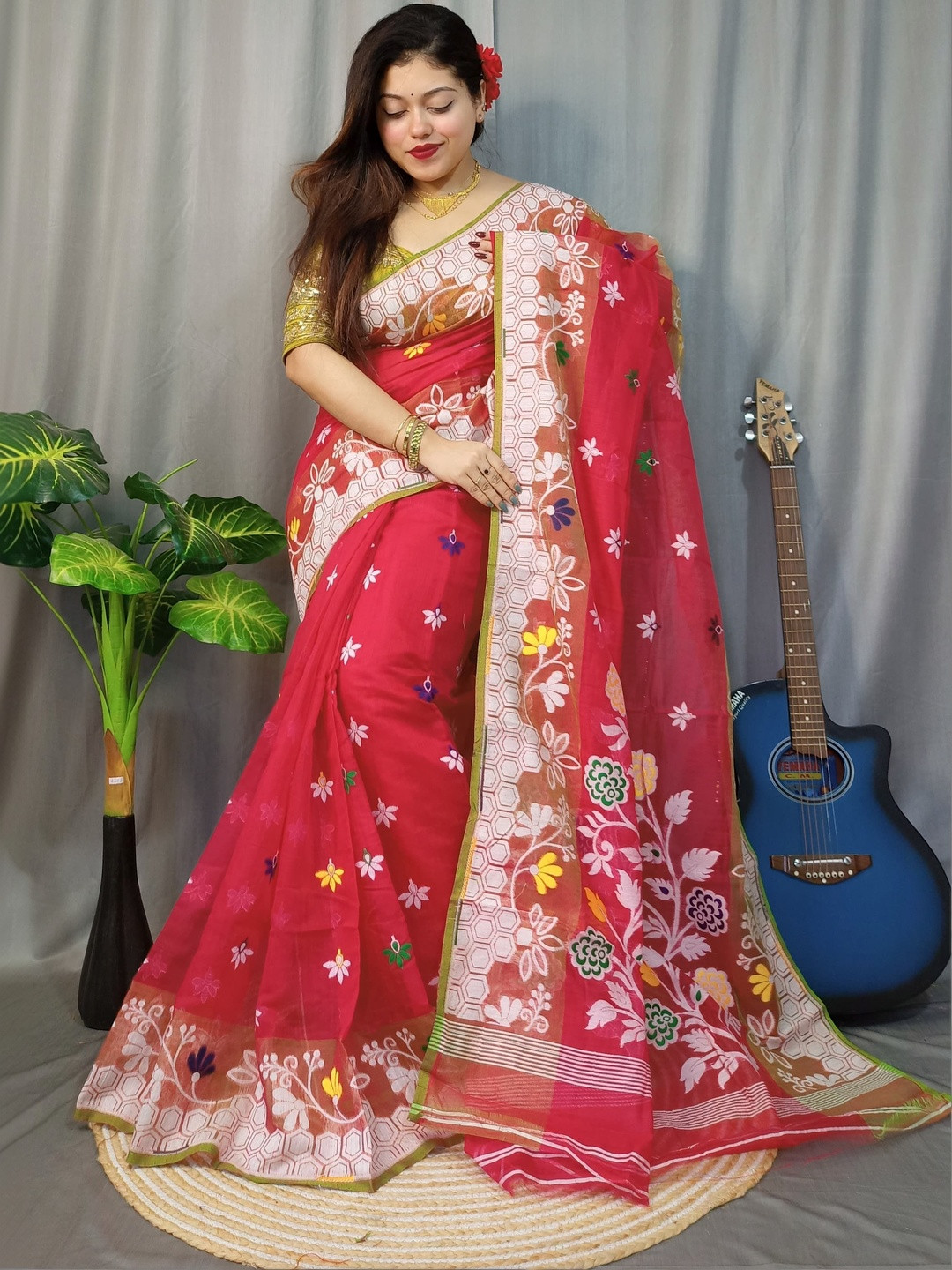 Rnn Saree Floral Embroidered Silk Cotton Heavy Work Jamdani Sarees