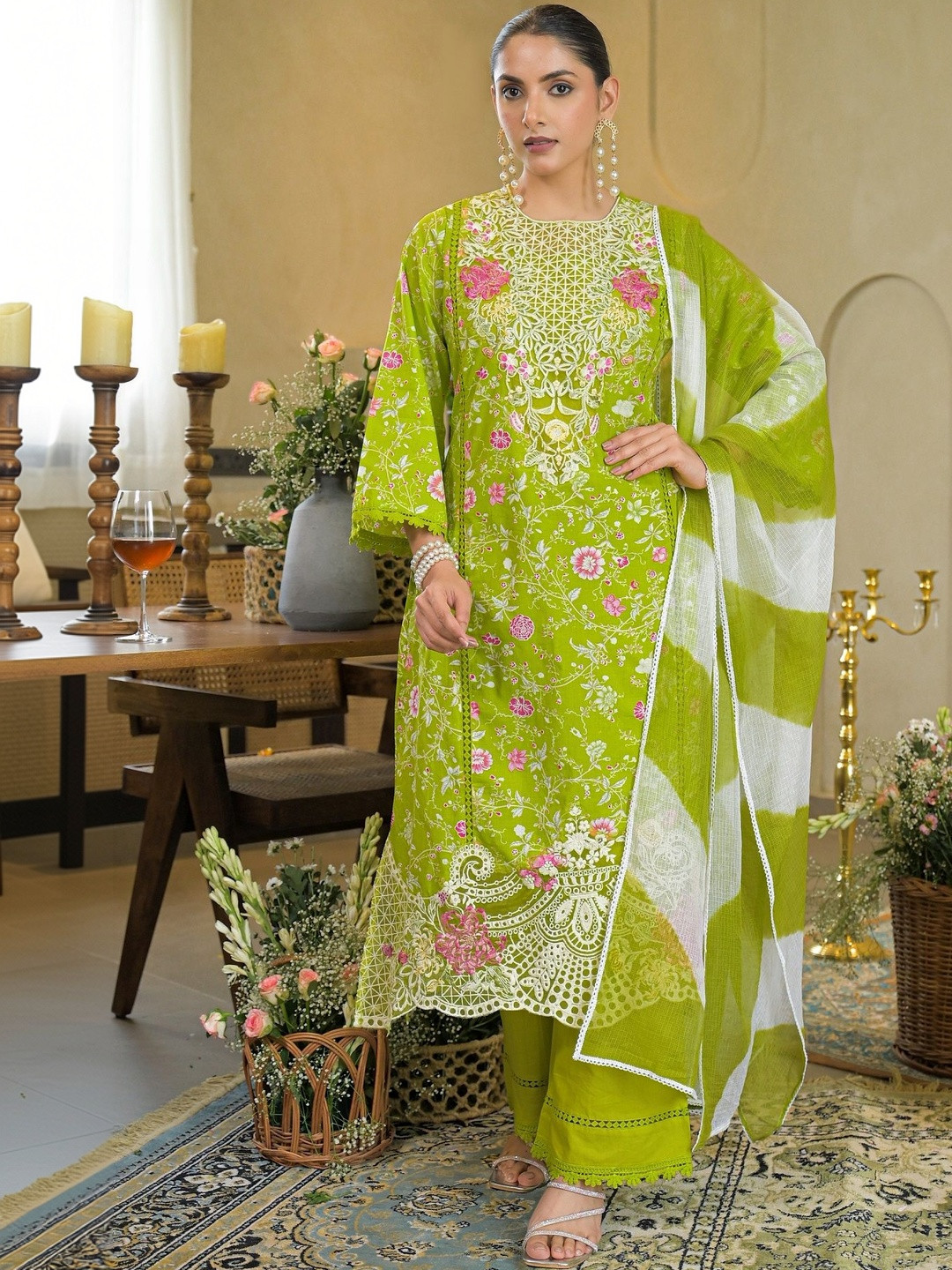 Bairaas Women Floral Embroidered Thread Work Pure Cotton Kurta with Palazzos and Dupatta