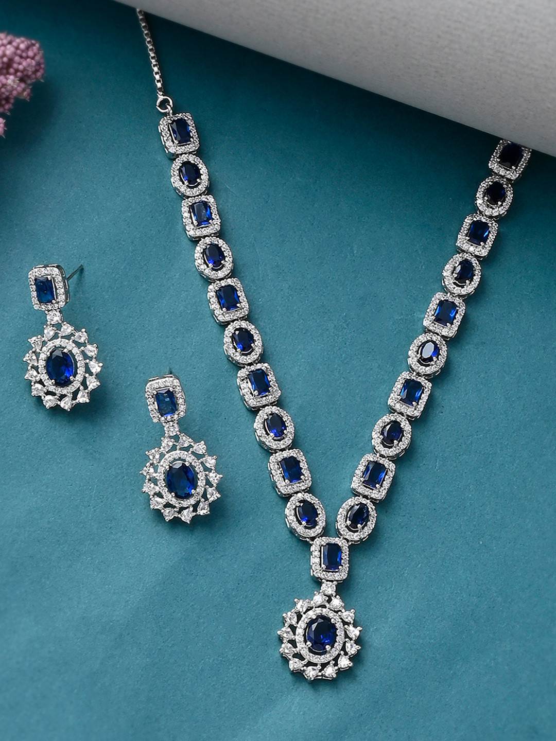 Sparkling Elegance Royal Blue and White CZ Brass Silver Plated Jewellery Set