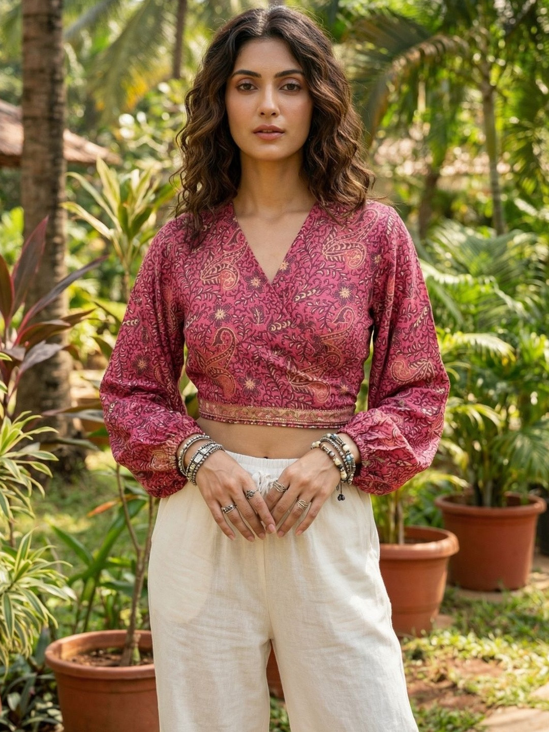 Boholyfe Wrap Elira Tie-Ups Paisley V-Neck Crop Top