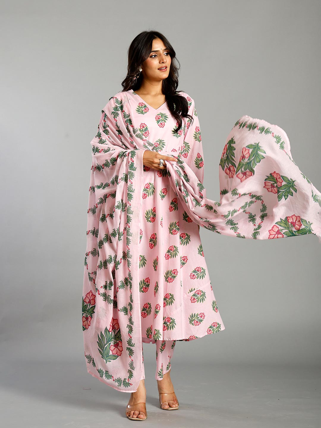 Yufta Floral Printed Pure Cotton Maternity V-Neck A-Line Kurta With Trousers & Dupatta