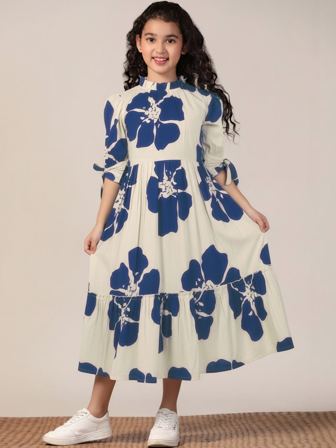 YK Girls Floral Print Puff Sleeve Fit & Flare Midi Dress