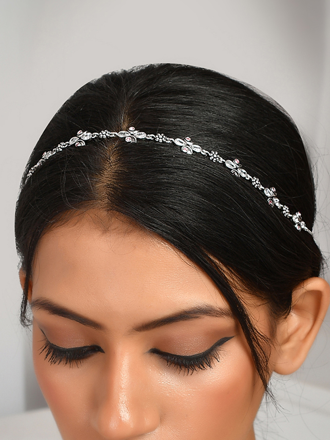 Abharan Teardrop Cut White and Pink Stones Edgy Maang Tika