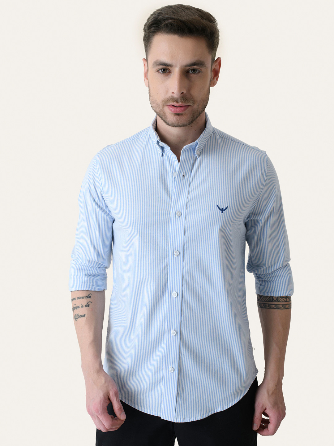 PERCH d Cotton Vertical Stripes Long Sleeves Slim Fit Shirt