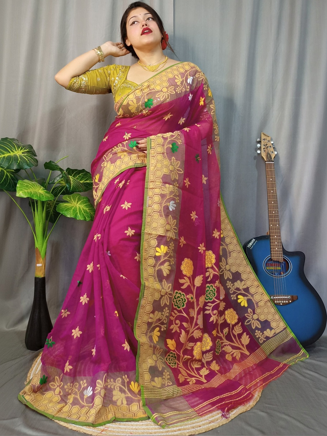 Rnn Saree Floral Embroidered Silk Cotton Jamdani Sarees